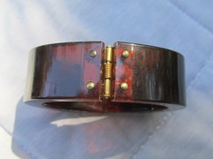 Vintage Lucite Clamper Bracelet GC Initials Brown 6.5″ Gold Plated Statement