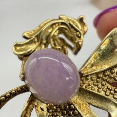 Vintage Peacock Pendant Necklace Purple Cabochon Belly Green Rhinestones