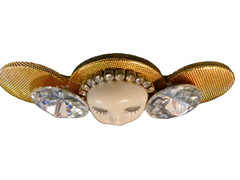 Wendy Gell Signed Face Brooch .75 in Rhinestones & Gold Medallions VTG