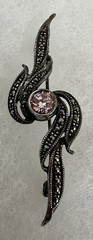 Vintage Pink Amethyst Markasite + .925 Sterling Silver Pin Brooch 2.25”