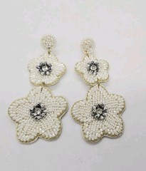 White Flower Seed Bead Earrings Dangle Pierced Beaded Chandelier 3.5 in