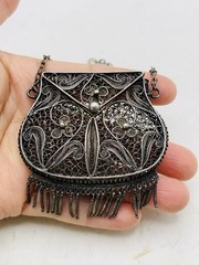 Antique Silver Tone Intricate Filigree Swirl Flower Coin Perfume Purse Pendant