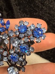 Vintage Austria Rhinestone Flower Brooch Blue Black Enamel READ