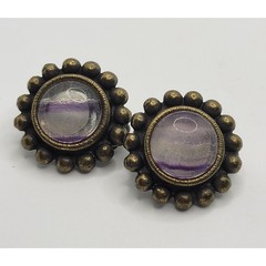 Vintage Signed Graziano Fluorite Clip On Earrings Purple Stone Cabochon Bronze