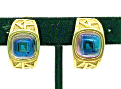 Givenchy Couture Earrings Iridescent Peacock Glass Bamboo Gold Tone Vintage Rare