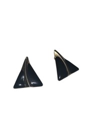 Vintage Unbranded Enamel & Goldtone Metal Pierced Earrings Black 1” Triangle