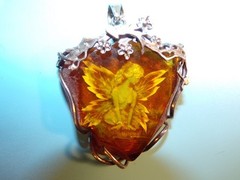 HAND CARVED REVERSE INTAGLIO BALTIC AMBER PENDANT FAIRY NYMPH LADY IN 925 SILVER