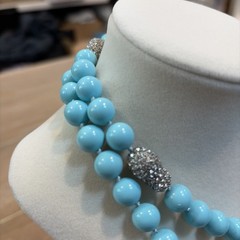 Turquoise Glass Beads w/Rhinestone Beads In Long Knotted Strand Necklace 34”