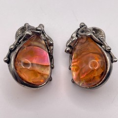 Vintage Brutalist Amber & Iridescent Aurora Borealis Resin Clip Earring Set 4pc