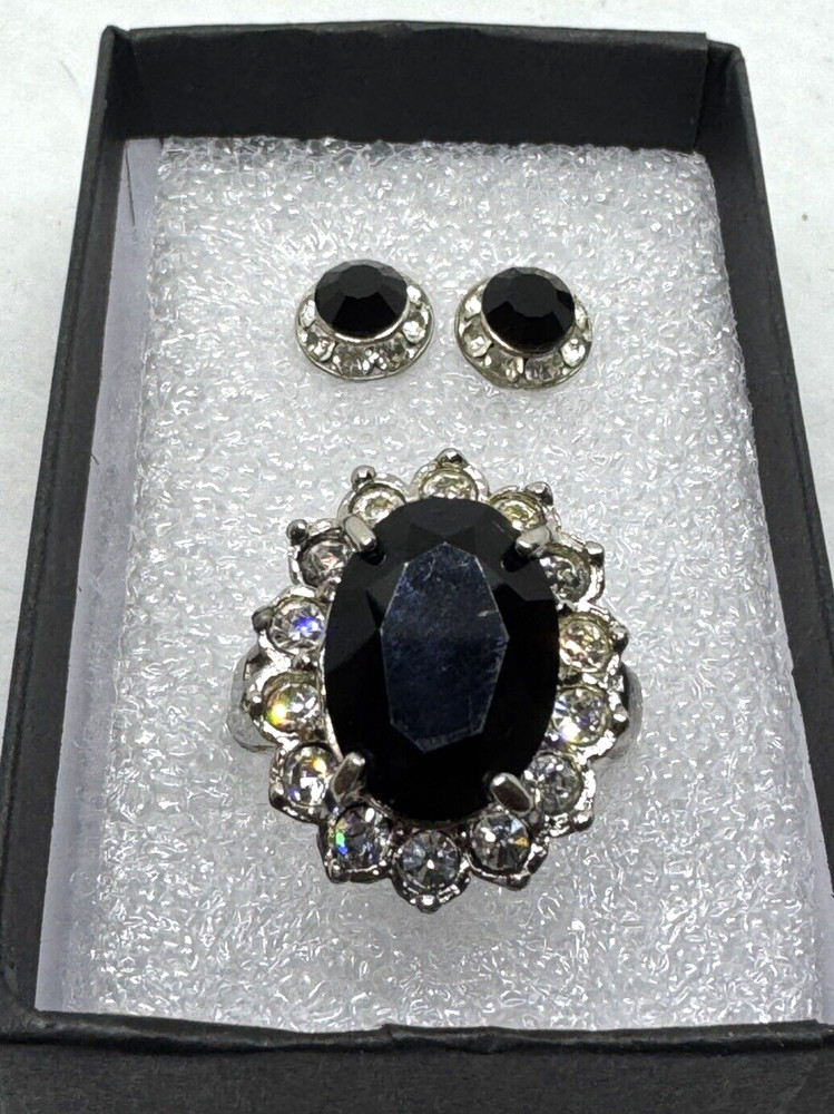 SET Vintage Avon Cubic Zirconia Onyx Stud EARRINGS Glamour RING Size 8.5