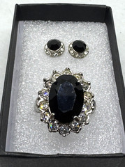 SET Vintage Avon Cubic Zirconia Onyx Stud EARRINGS Glamour RING Size 8.5