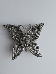 1970s Butterfly Pin Rhinestones of Pink and Green with Pearls