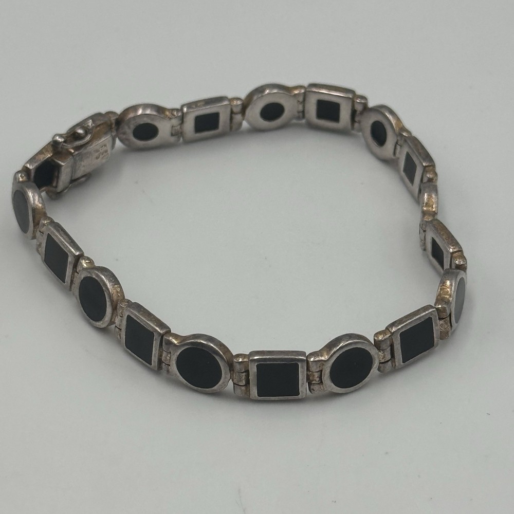 Black Onyx Stones Sterling Silver 925 VTG Link Sz 6 3/4″ Bracelet 17.4g