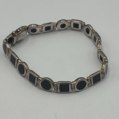 Black Onyx Stones Sterling Silver 925 VTG Link Sz 6 3/4″ Bracelet 17.4g