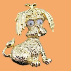 Crazy Eyes Shaggy Dog Textured Gold Tone Figural Brooch Signed