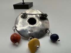Vintage Sterling Silver Hat Sombrero Lapis Amber Coral Brooch 4.5cm JB23