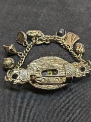 Vtg Victorian Revival Dangle Charm Brooch Black Cabochon Bronze Tone Emo Gothic