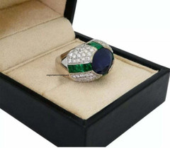 Fantastic Bezel Set Blue Sapphire With Green Emerald & Sparkling CZ Dome Ring
