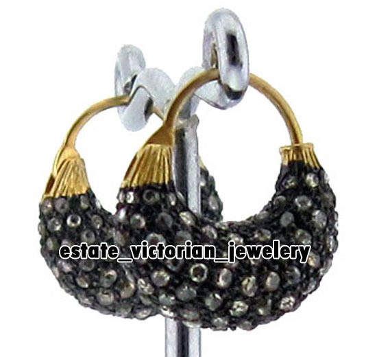2.90ctw Genuine Old Mine Rose Cut Diamond Silver Victorian Hoops Earring Jewelry