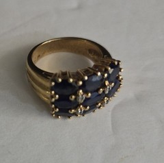 Vintage Blue Sapphire & Diamond Chip Cluster Ring, Size 6, Gold Plated Statement