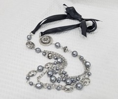 Boho Gray Pearl Bead & Silver Tone Black Satin Ribbon Multi Strand Necklace