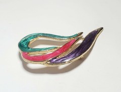 Vintage 1980s Pearlescent Enamel BROOCH EARRING Gold Tone Purple Fushia Teal