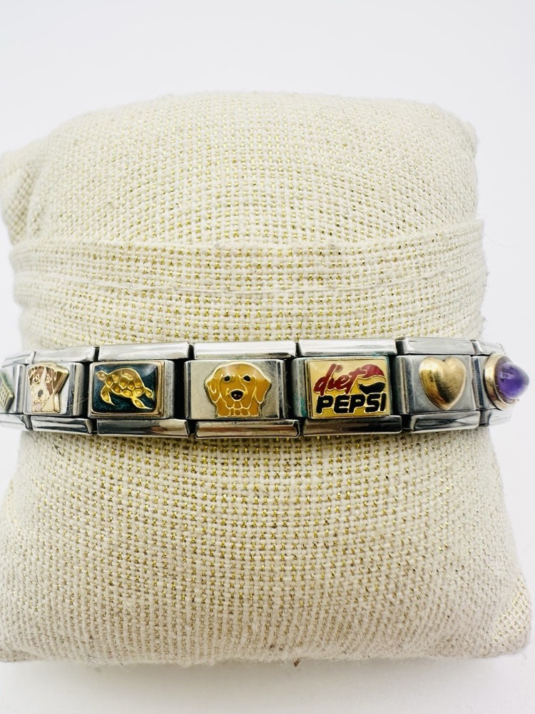 Vintage Italian Stainless Steel 18k Gold Assorted Charm Bracelet Amethyst 7.5”
