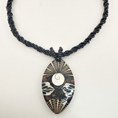 Sajen Necklace Onyx Inlay Beaded Shell Artisan Pendant Oval Black Artsy Tribal