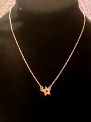Signed & Goldtone Double Star And Rhinestone & Necklace. 18″ adjustable length