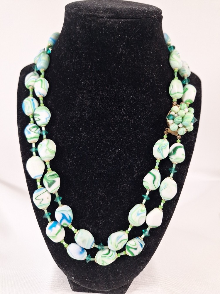 Marbled Blue Green & White Double Strand Necklace