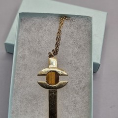 Vintage Whiting & Davis Pendant Necklace Tiger Eye Stone Mid Century MCM Gold19″