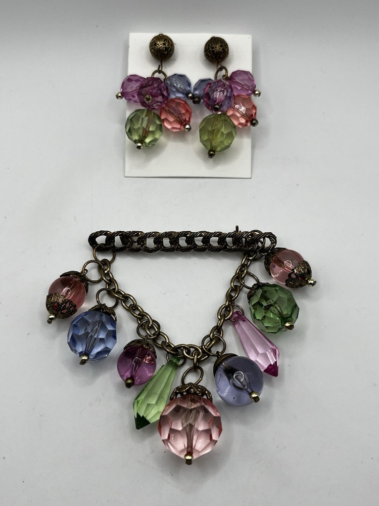 Vintage Pastel Multicolor Bar Brooch Earrings Set Acrylic Dangle Charms
