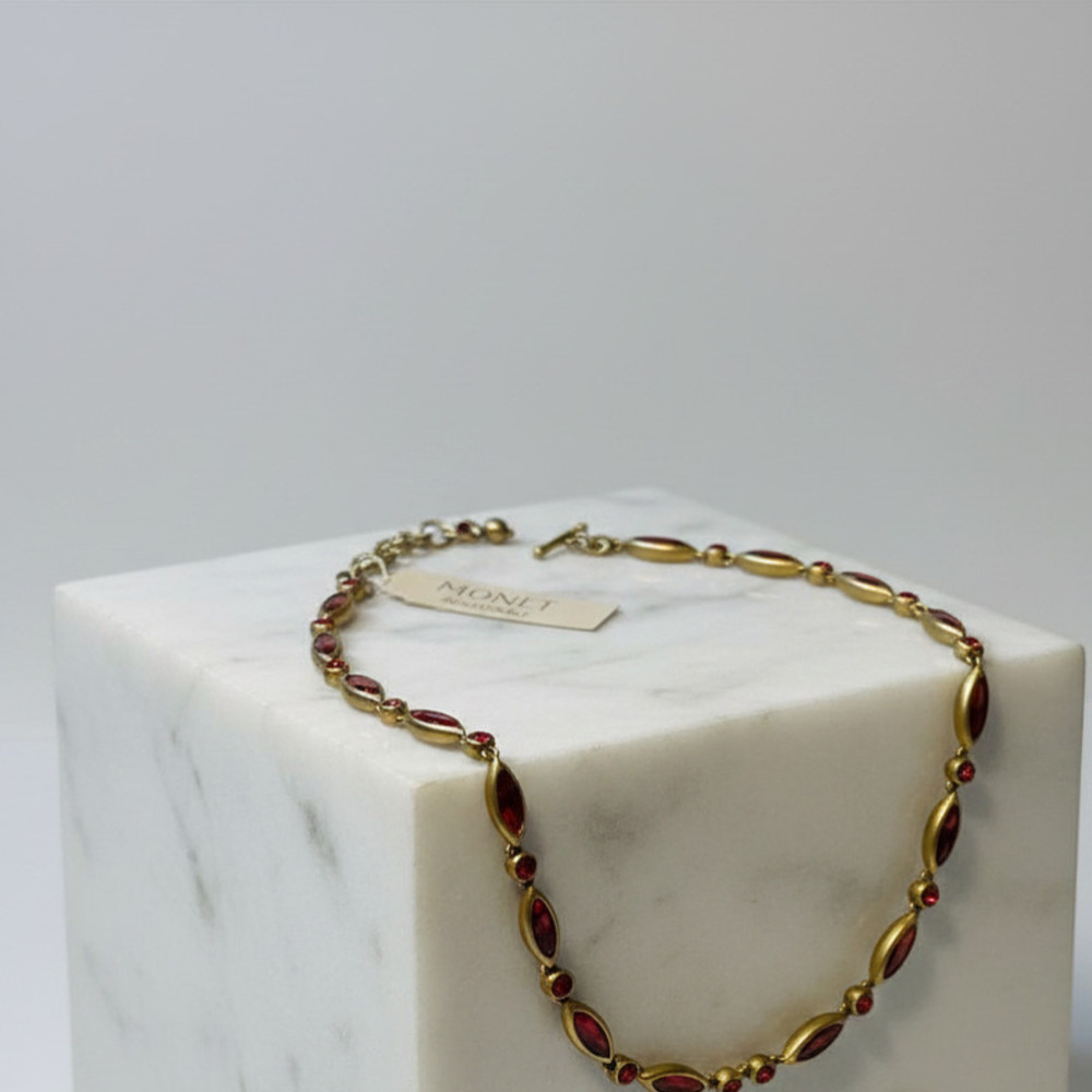 Vintage Monet Gold Sim Ruby Necklace 16″ Marquise Link Toggle Collar Tag New