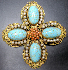 SCHREINER Amazing Turquoise Blue Faux Coral & Pearl Cross Vintage Pin Pendant