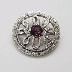 Modernist Brooch Pin Purple Crystal Silver Tone 1.5 in Textured Signed Scottland
