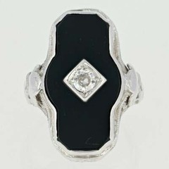 Art Deco Black Onyx & Mine Cut Cubic Zirconia 18.26TCW Filigree Milgrain Ring