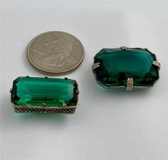 2 Vintage Czech 1930’s Art Deco Faceted Green Stones Silver Tone Brooch Pins