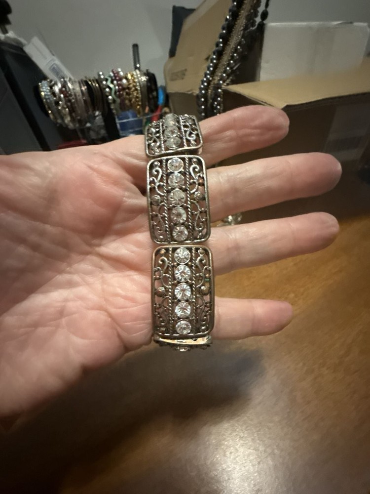 Vintage Silver Tone Filigree Panel Bracelet with Clear Rhinestones