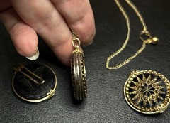 ANTIQUE 22” Double Sided Black Gold Marcasite Glass Pend Necklace Squeeze Earr S