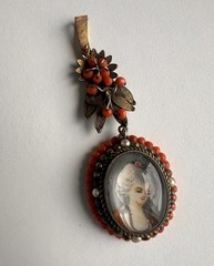 Antique Yellow Gold + Silver Coral Seed Pearls Hand Painted Portrait Pendant