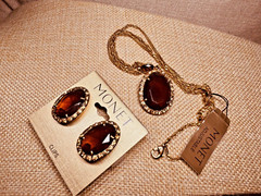 Monet Gold Tone Brown & Rhinestone Pendant Necklace & Clip Earrings NWT
