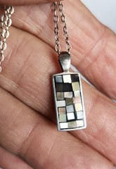 Vintage Mosaic Abalone Inset Rectangular Pendant & 18″Chain Necklace .925 Silver