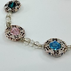 Multicolor Crystal Beaded Bracelet Silver Tone Boho Layering Statement Jewelry