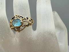 VINTAGE ESTATE GOLD PLATED OVAL CUT PASTE BLUE TOPAZ FILIGREE RING SIZE 8