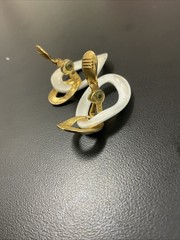 Vintage MONET Clip On Set Gold Tone & White Enamel/ Gold Texture Dangle Hoops