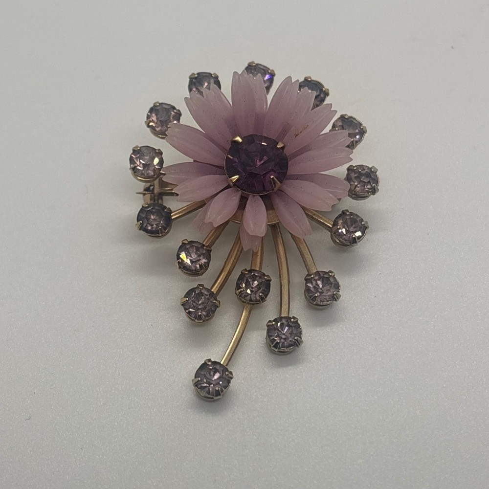 Vintage Pink Flower Sunburst Brooch Lavender Rhinestone Gold Tone Spray Pin