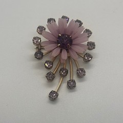 Vintage Pink Flower Sunburst Brooch Lavender Rhinestone Gold Tone Spray Pin