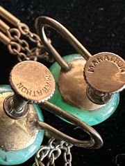 Vintage Green Peking Glass Dangle Earrings gold tone Screw Back signed Marathon