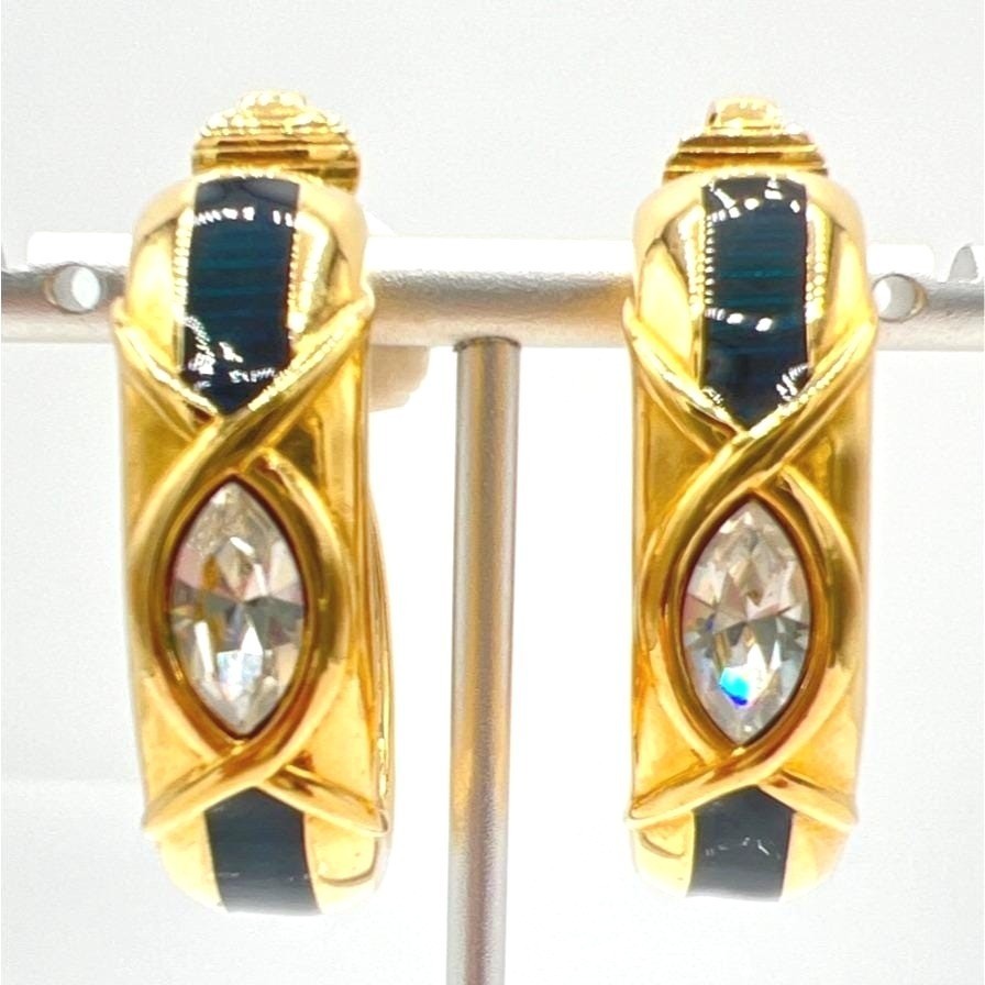 Vtg Swarovski Chunky Hoop Earrings Clear Crystal Black Green Striped Gold Tone