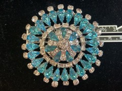 Rhinestone Brooch Domed Pin Round Circle Blue/Baguette Vintage Style Jewelry Xlg